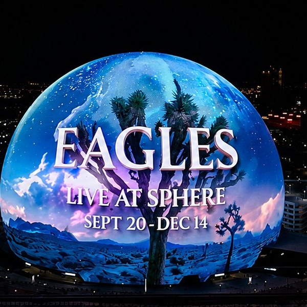 Sphere in Las Vegas lit with The Eagles residency artwork